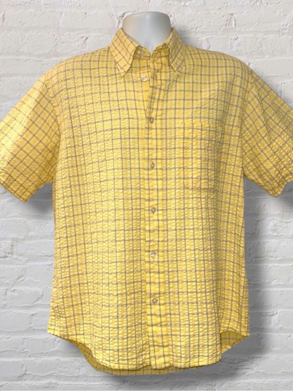 Izod Men’s Seersucker Check Button-Down Shirt Yellow - Plaid Textured Cotton M
